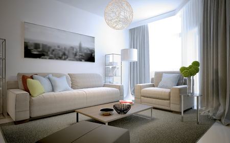 scandinavian living room trend. construction of a living room with limited space in the center of the home comfort